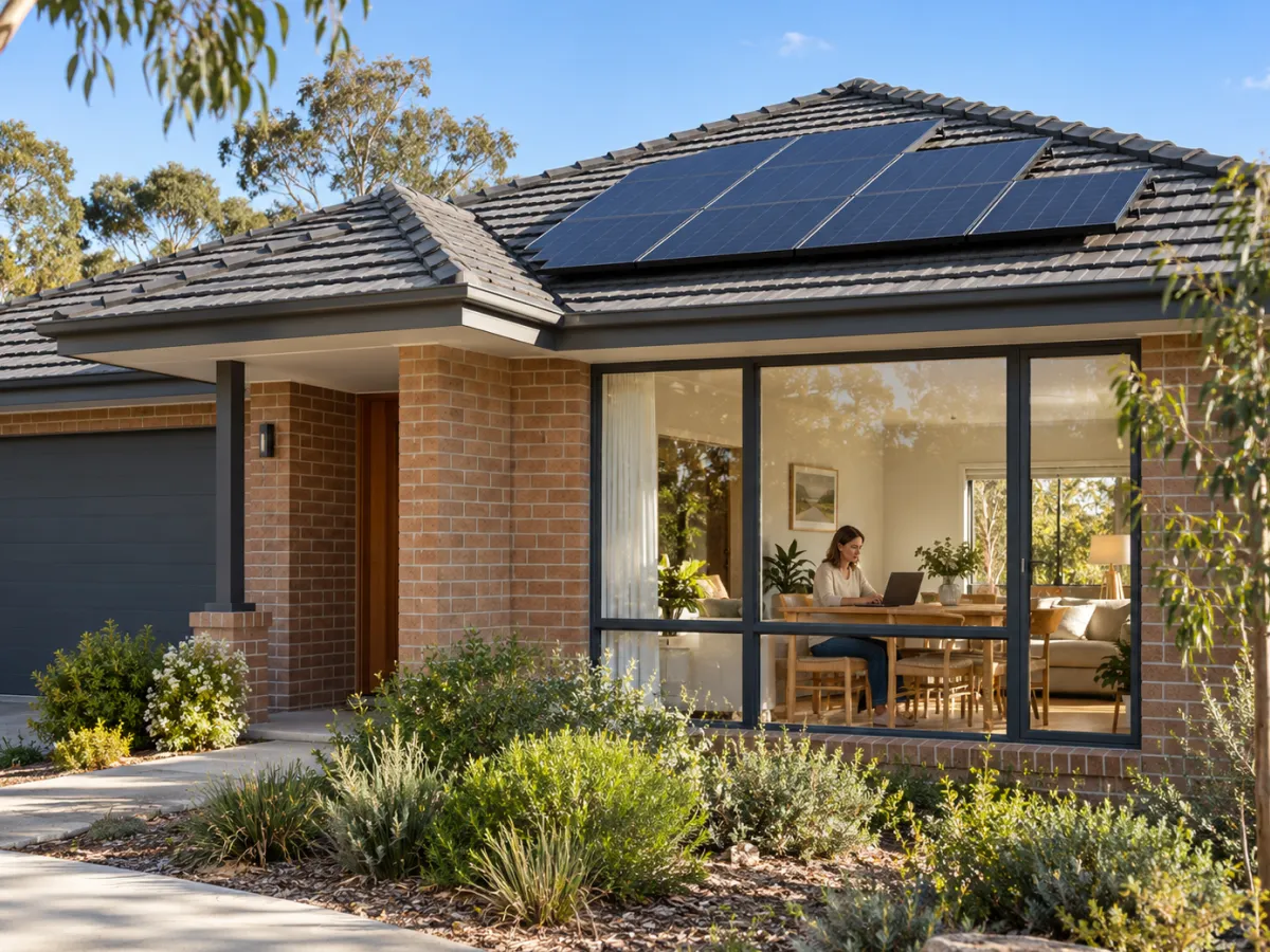 Brick home with rooftop solar, a woman working at a table inside the front window