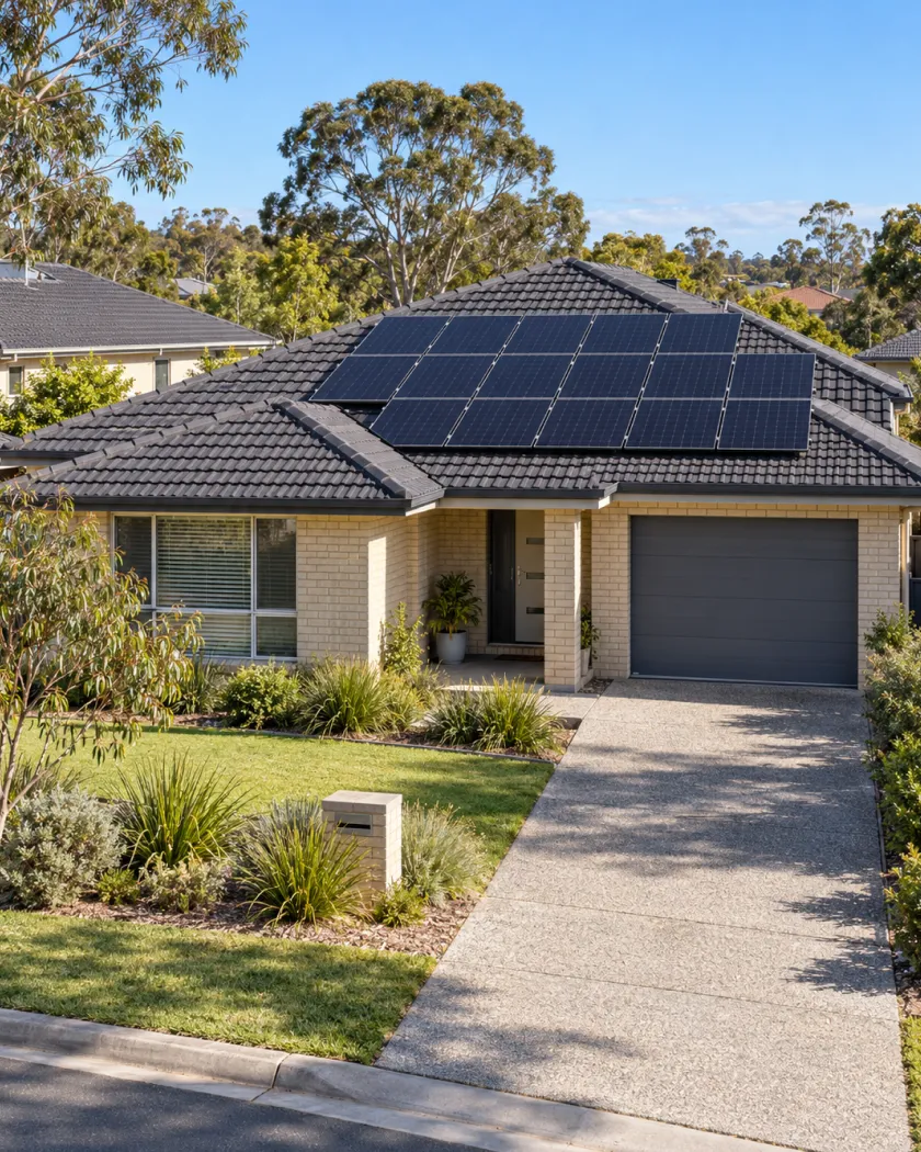 Single-storey home with rooftop solar at the end of a long driveway