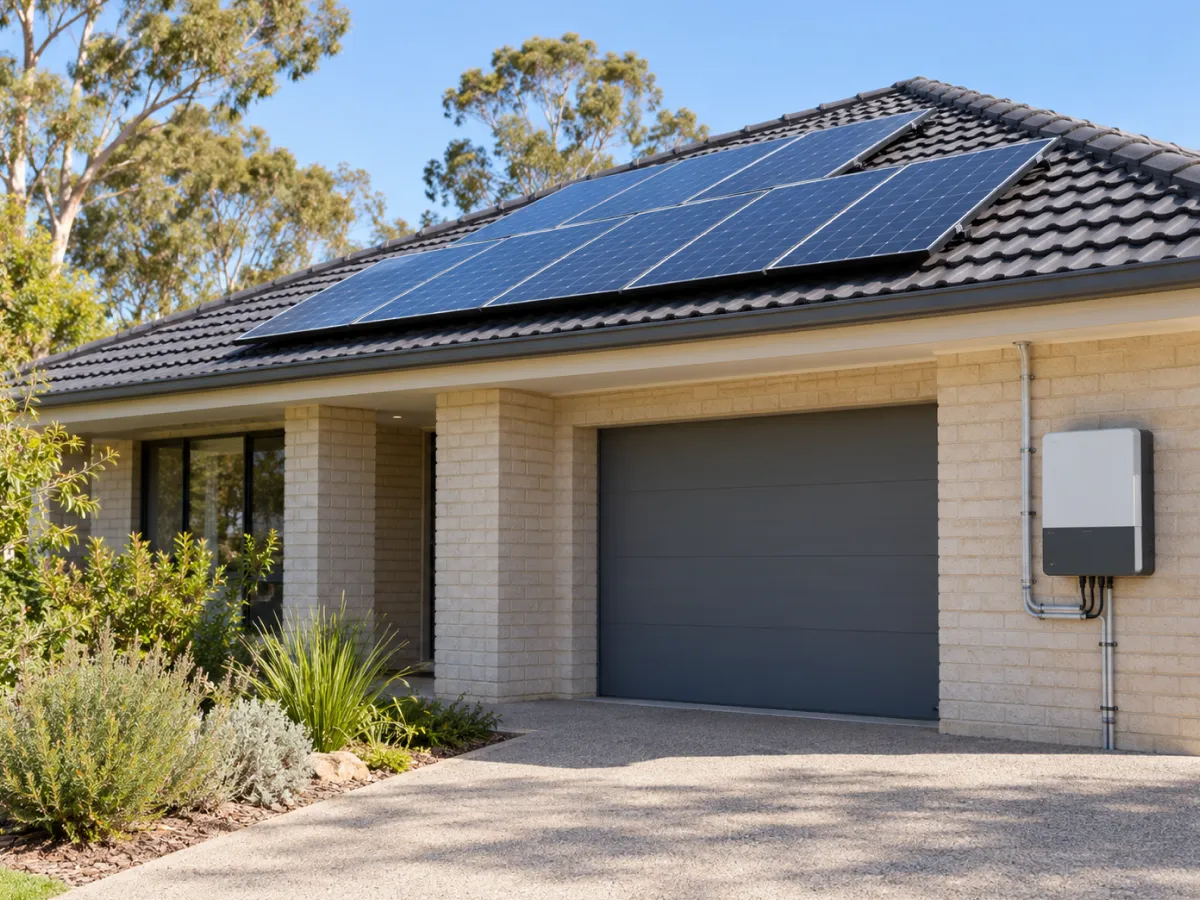 Home with solar panels on its tiled roof and an inverter on the wall beside the garage