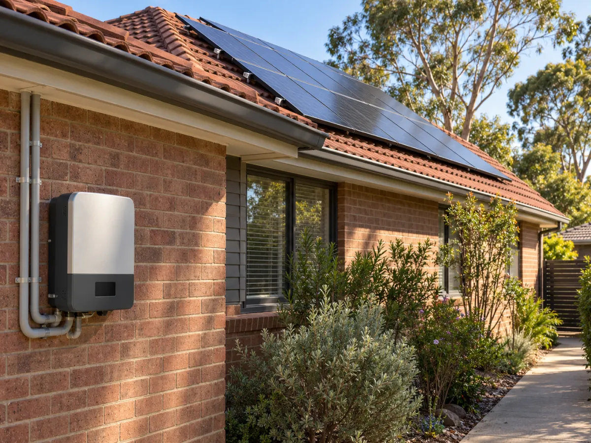 Solar inverter on the brick wall of a home with panels on its terracotta roof