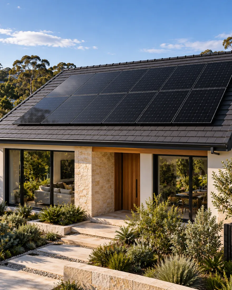 Single-storey home with a small solar array on its tiled roof