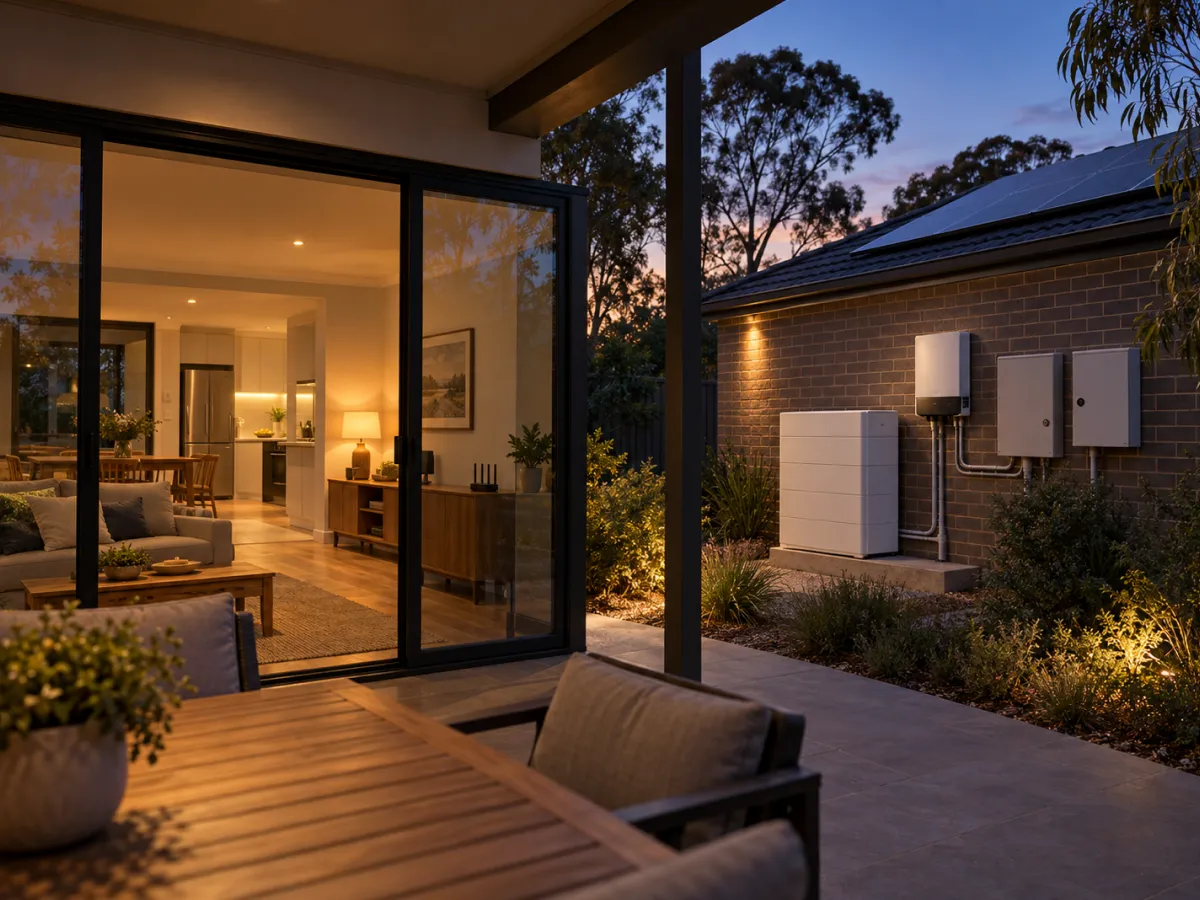Evening view from a lit living room to a home battery and inverter on the outside wall