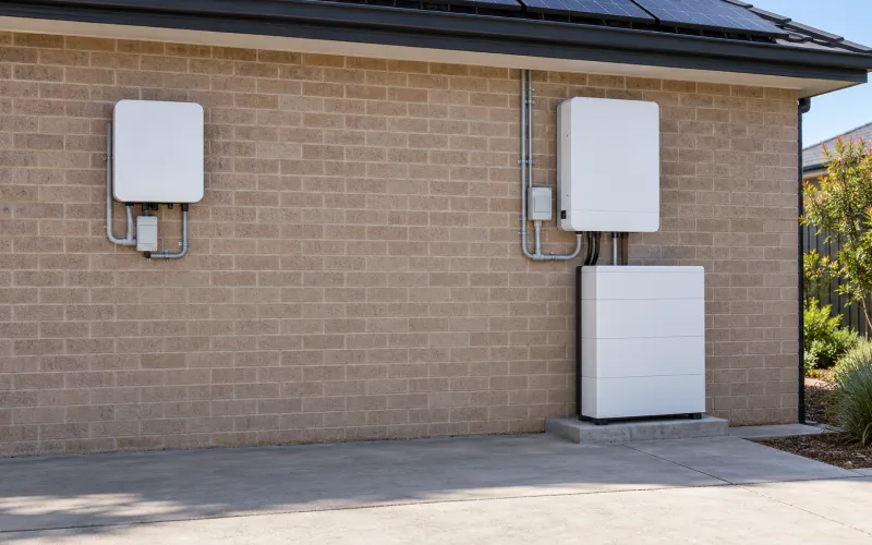 Two inverters and a home battery mounted on a brick wall