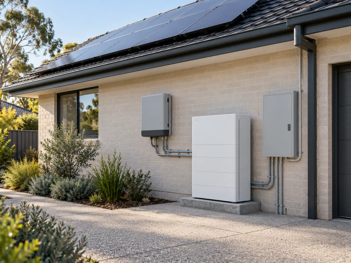 Hybrid inverter, battery and switchboard on the side wall of a home with rooftop solar