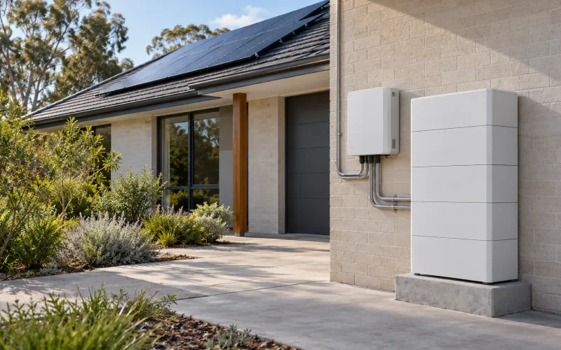 Home battery and inverter on the wall of a home with rooftop solar