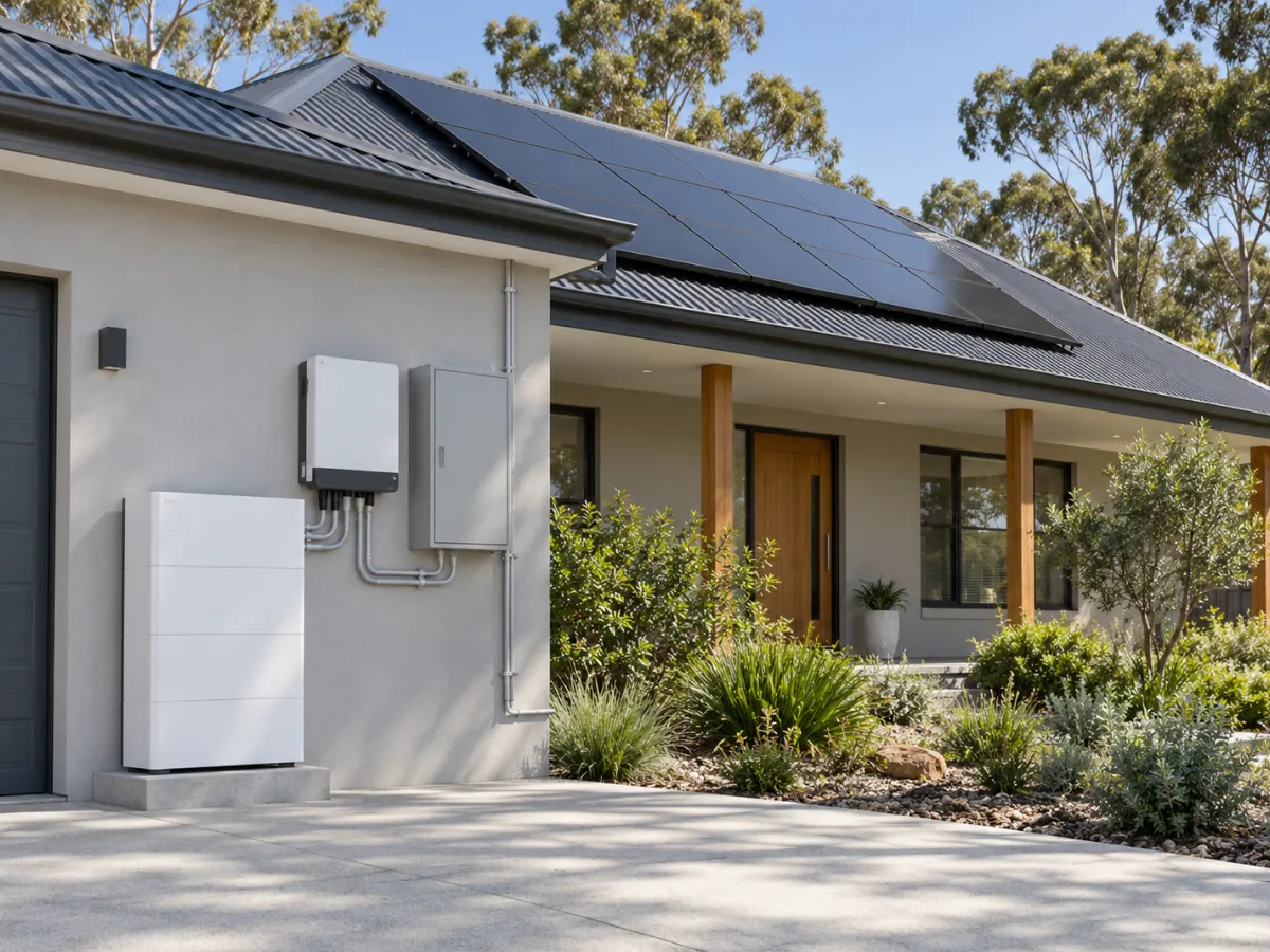 Home battery, inverter and switchboard on a rendered wall beside a solar-powered home