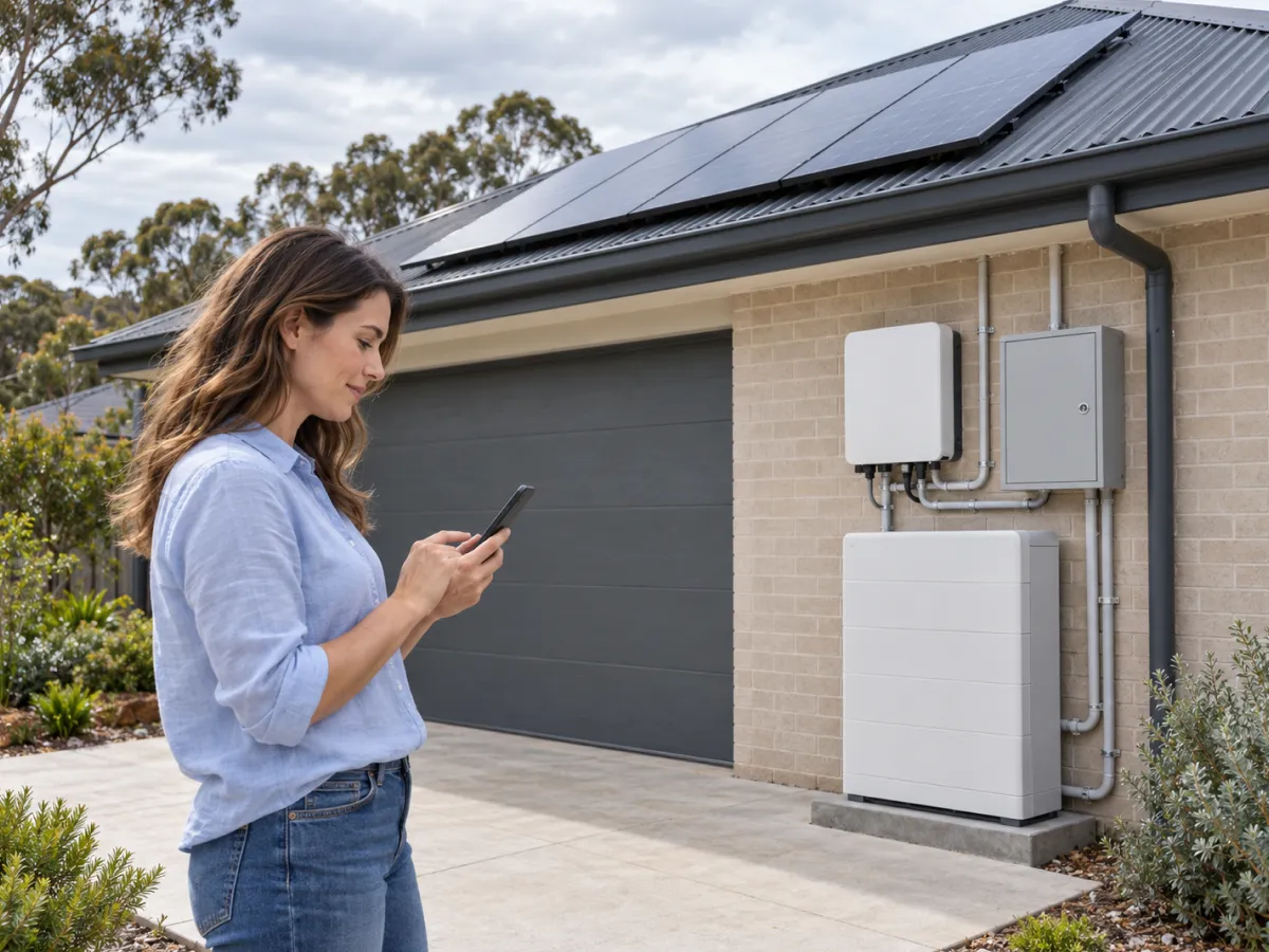 Woman checking a solar app on her phone beside a home battery