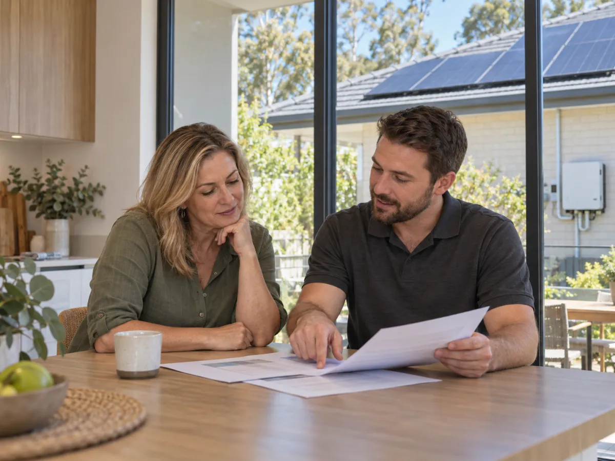 Solar adviser going through paperwork with a homeowner at a kitchen table