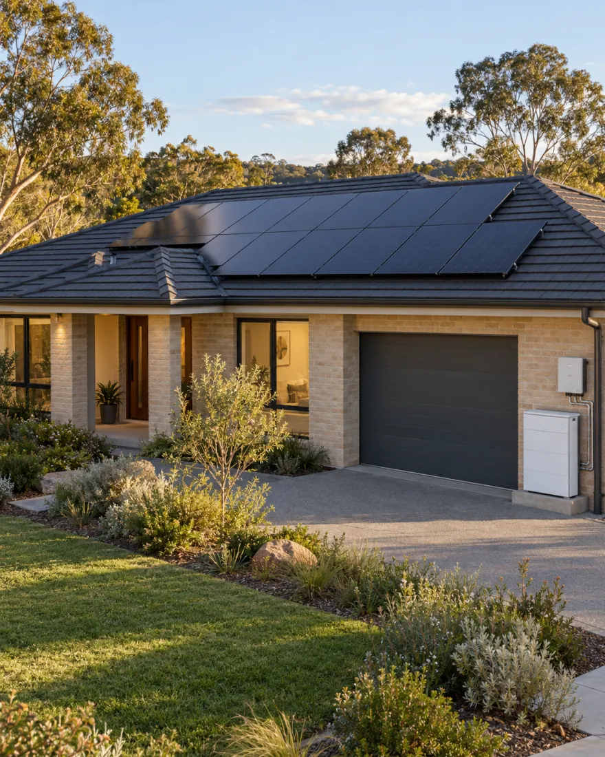 Home with rooftop solar and a battery on the wall beside the garage