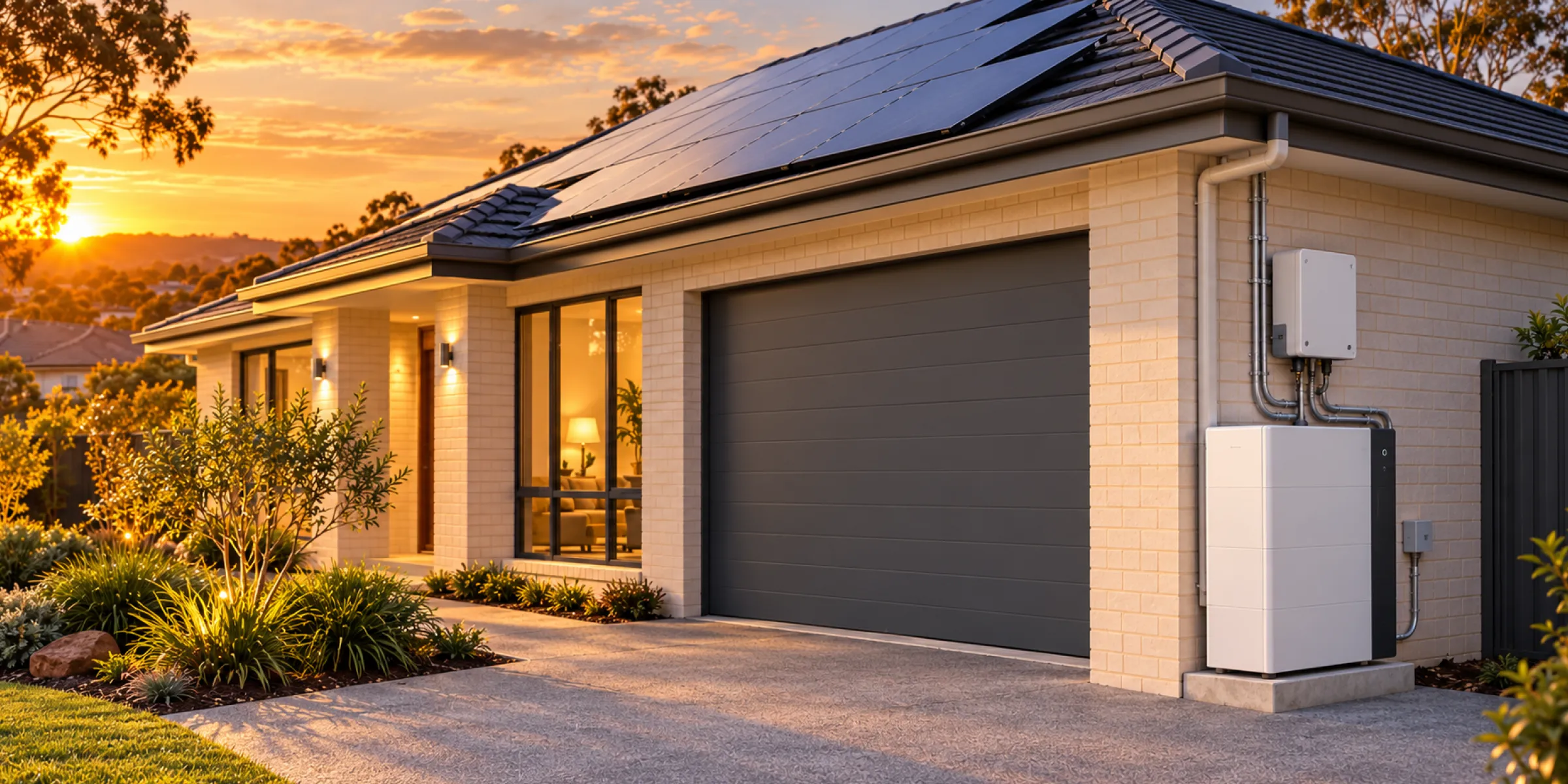 Home with rooftop solar and a battery on its wall at sunset