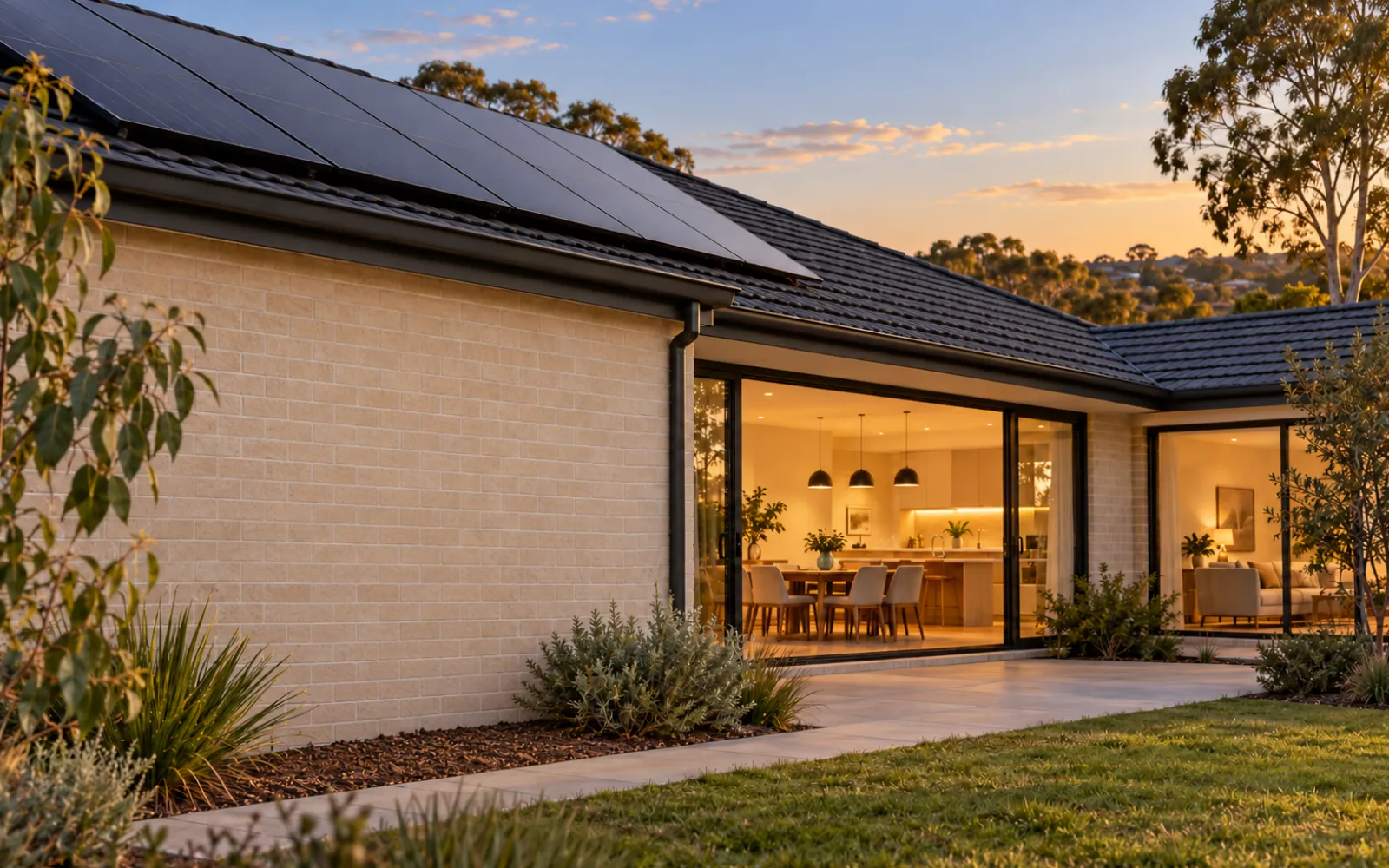 Solar-powered home at dusk with warm lights on inside