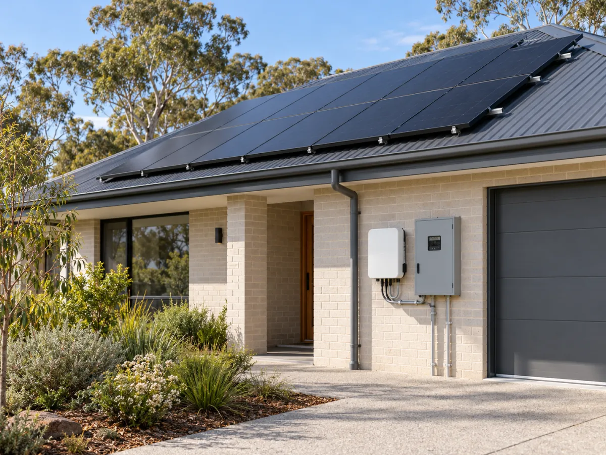 Home with rooftop solar panels, an inverter and a switchboard beside the garage