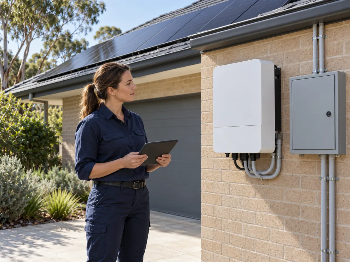 Installer with a tablet beside a newly fitted inverter and switchboard