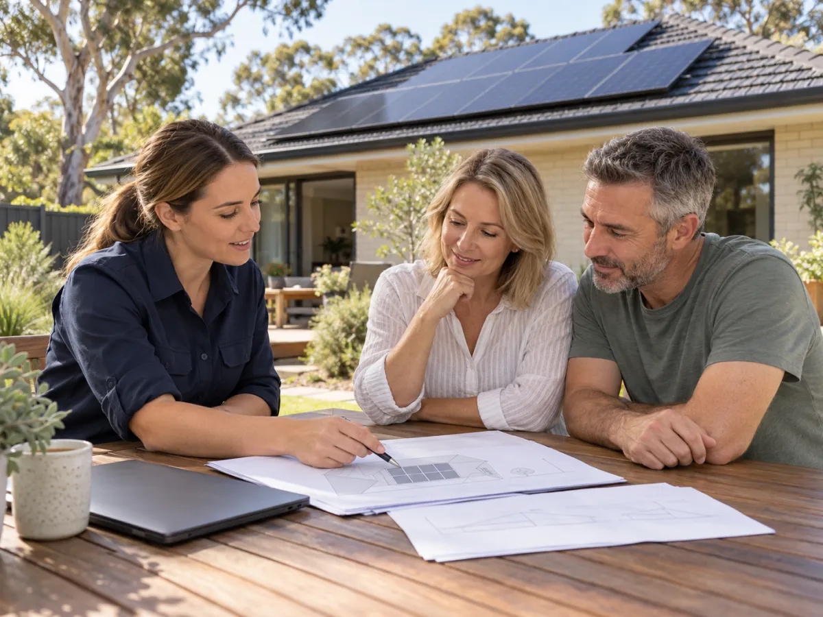 Solar adviser going through a printed quote with a couple at an outdoor table
