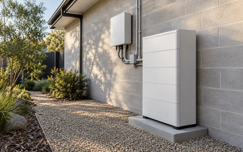 Home battery mounted on an outside wall beside a gravel garden path