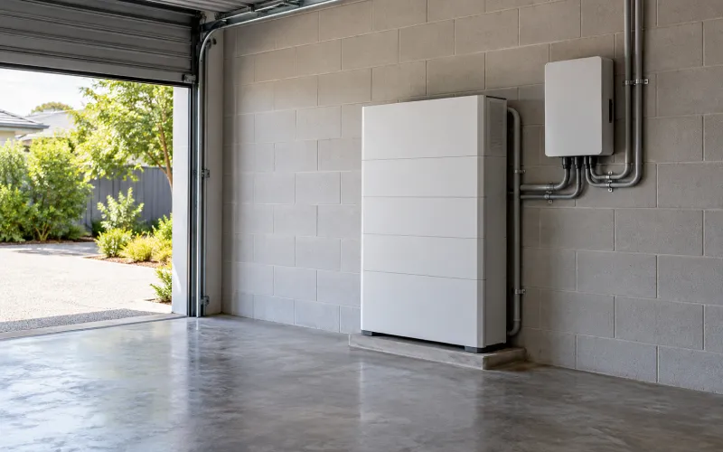 Home battery and inverter mounted on a garage wall