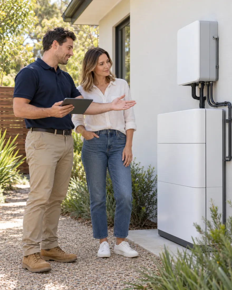 Solar adviser with a tablet answering a homeowner's questions beside a wall-mounted battery
