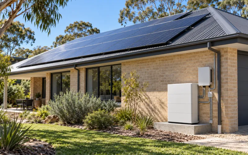 Brick home with a large solar array on its roof and a battery on the side wall