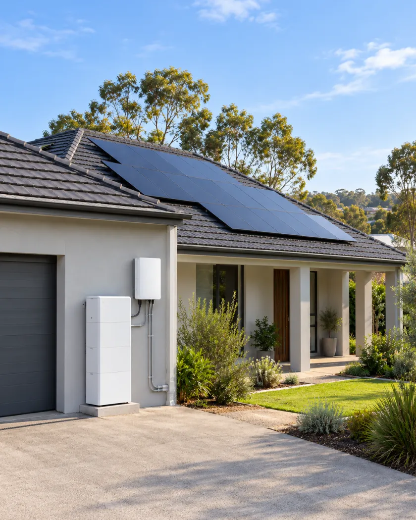 Home with rooftop solar and a battery and inverter beside the garage