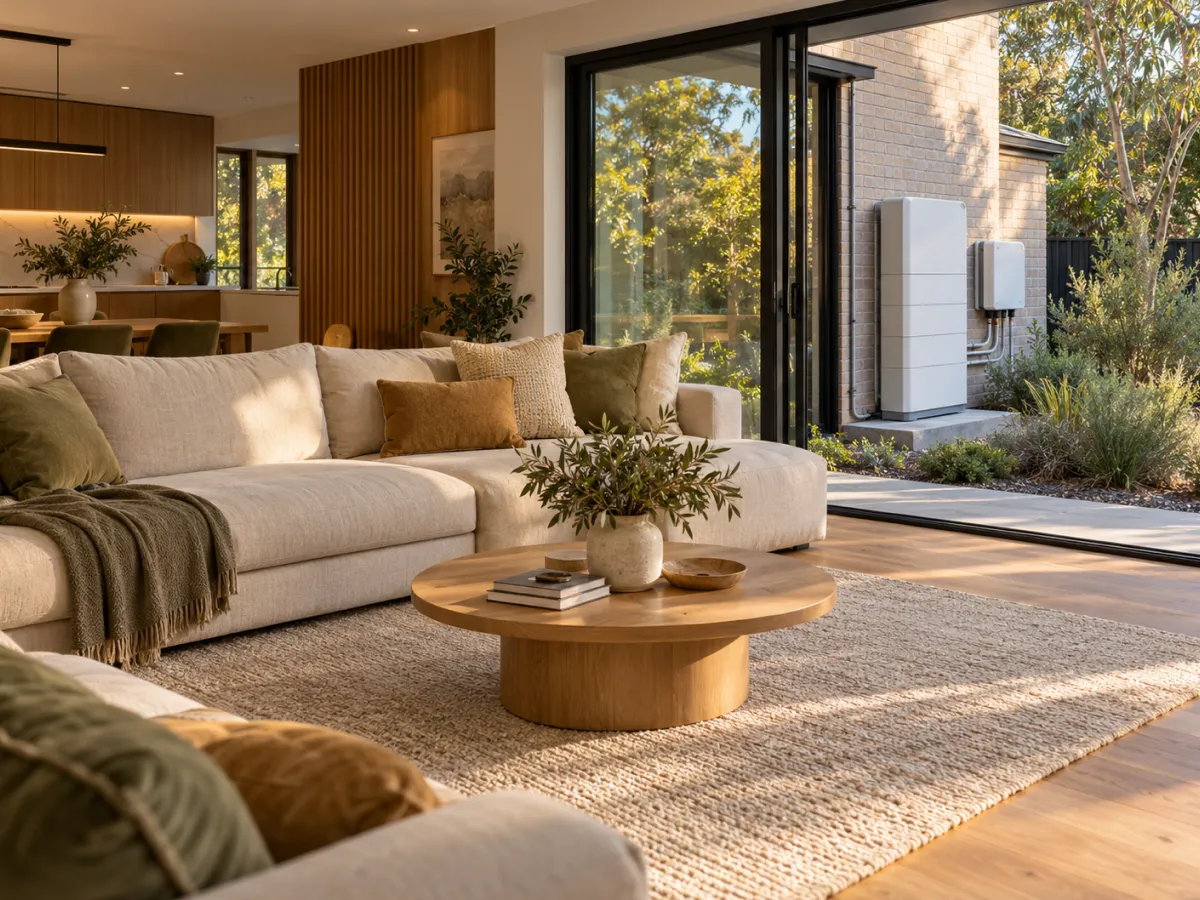 Living room with a sofa and coffee table, a home battery on the wall outside the glass doors