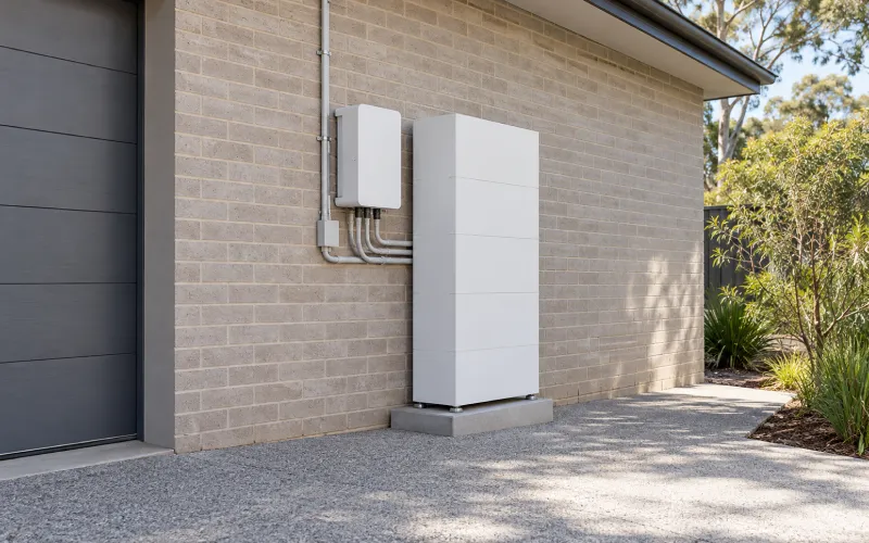 Home battery and inverter on an outside brick wall next to the garage