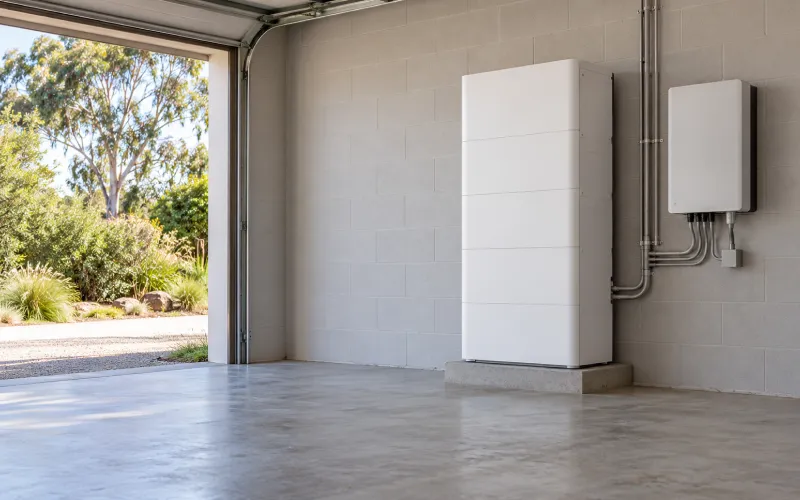 Home battery and inverter mounted on the wall inside a garage