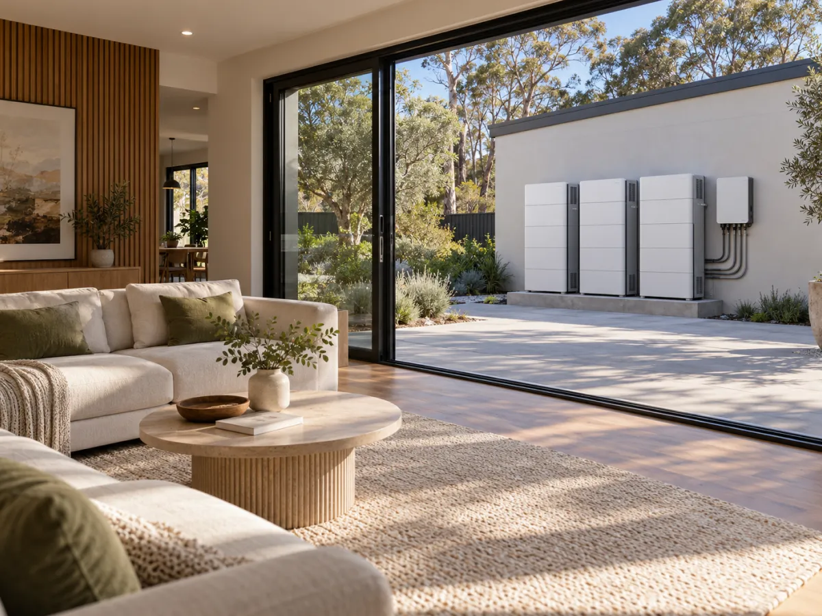 Living room with a sofa and coffee table, three battery units on the wall outside the glass doors