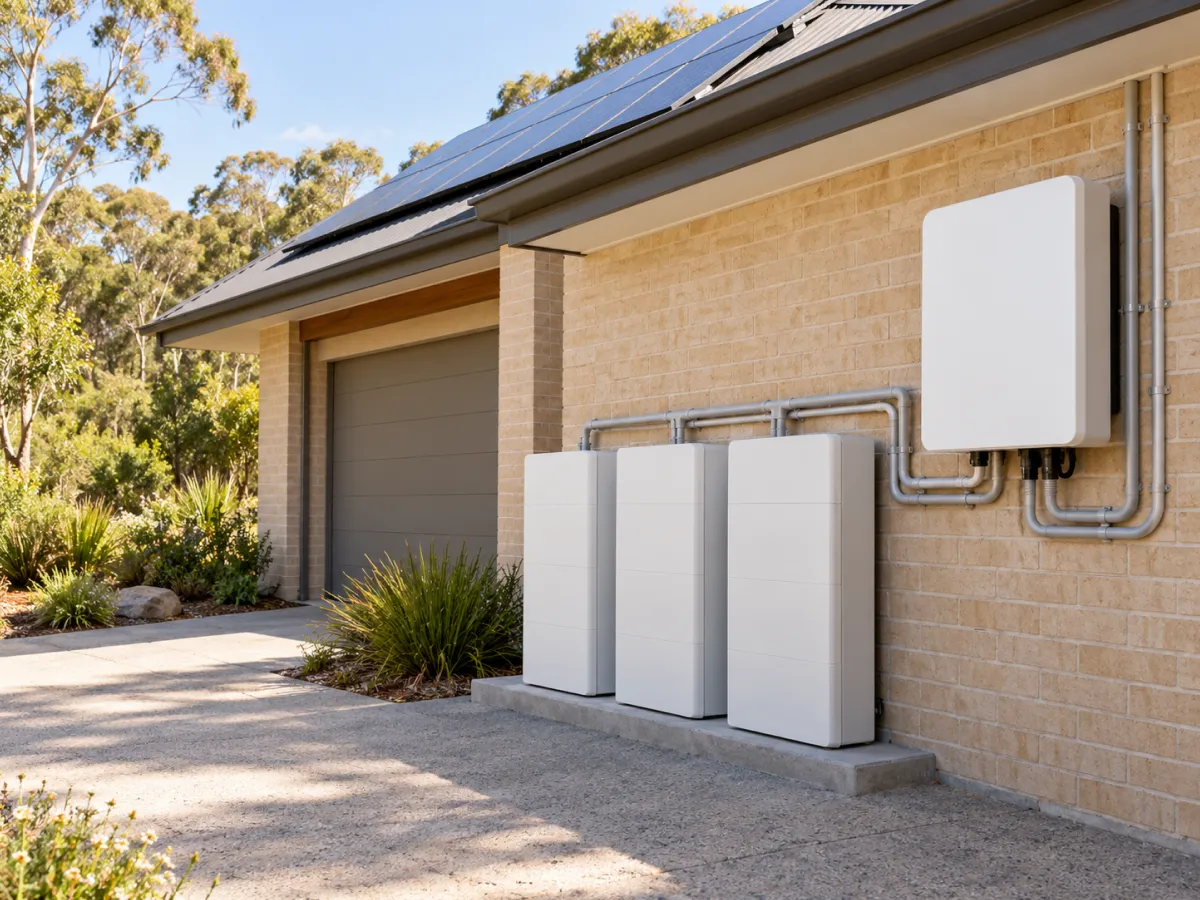 Three home battery units and an inverter on the brick wall of a home with rooftop solar