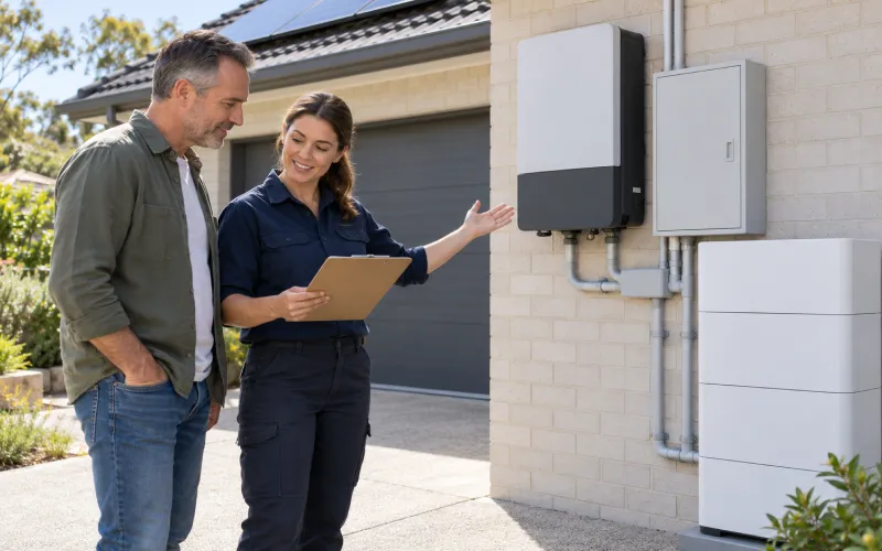 Solar adviser showing a homeowner the battery and inverters on the side of his home