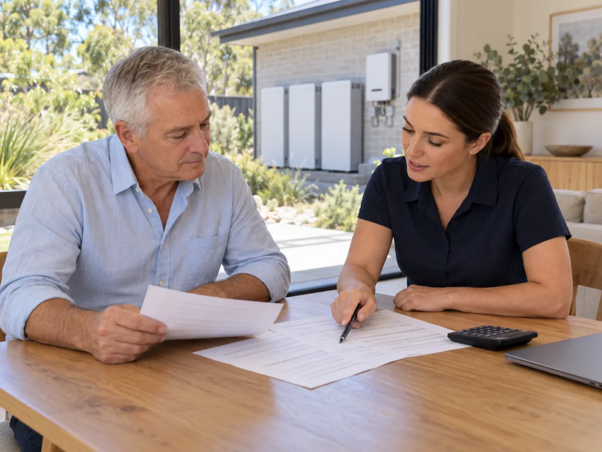 Solar adviser going through a battery quote with a homeowner, a calculator on the table