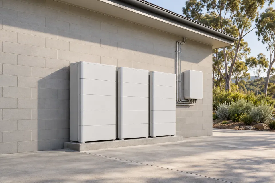 Three home battery units and an inverter on a raised plinth against a block wall