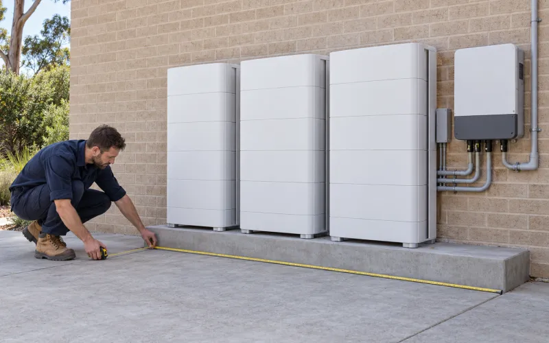 Installer measuring the wall space beside three home battery units