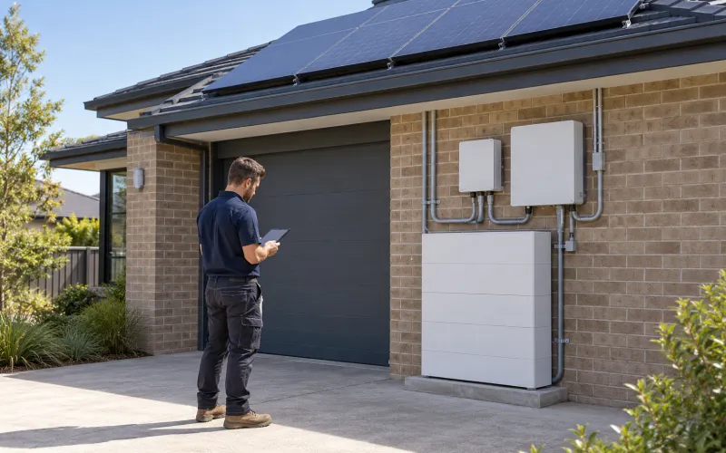 Installer checking a tablet beside a new home battery and inverter on a brick wall