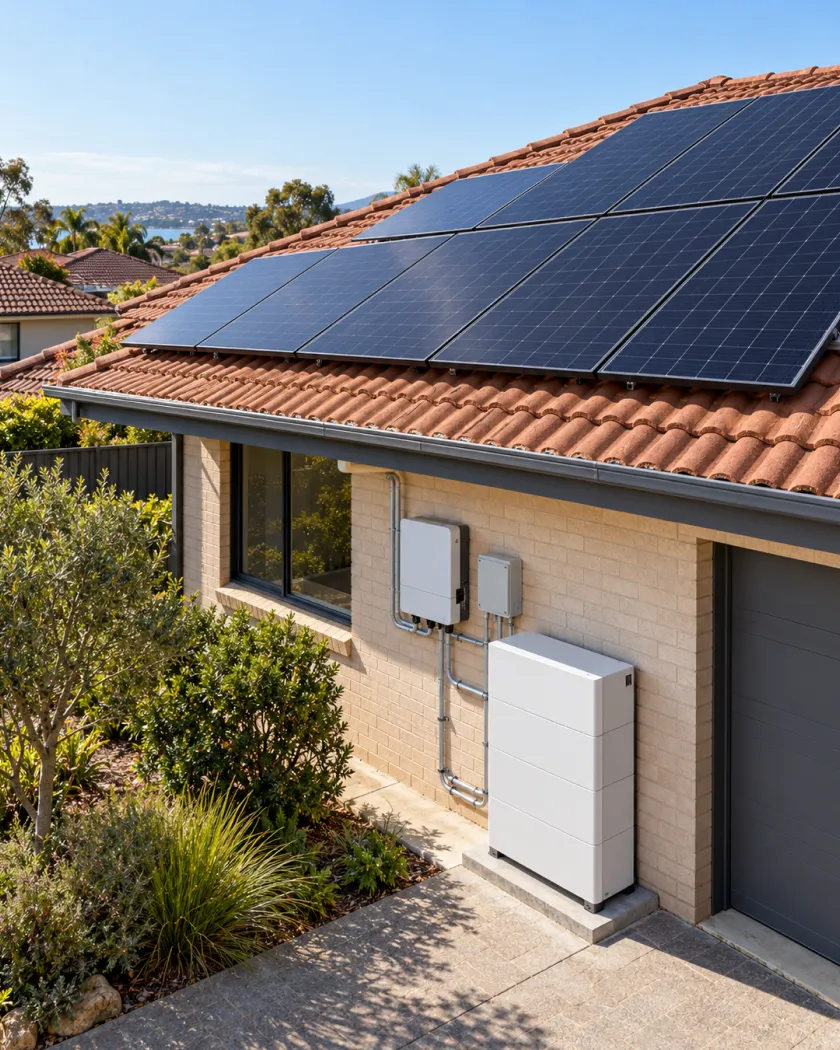 Brick home with solar panels on its terracotta roof and a battery on the side wall