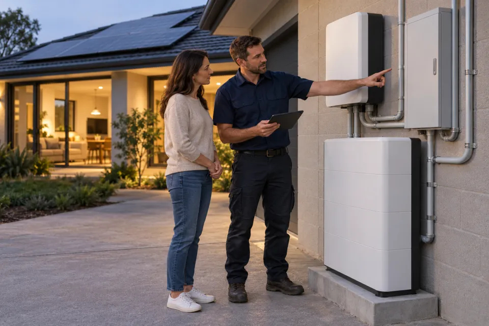 Installer showing a homeowner the settings on a wall-mounted home battery in the evening