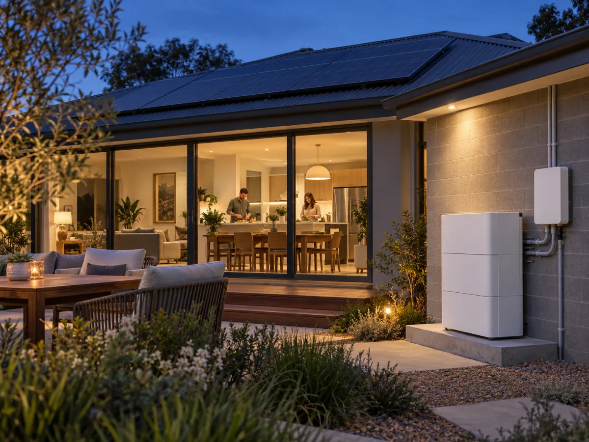 Solar-powered home lit up at dusk with a home battery on the wall beside the patio