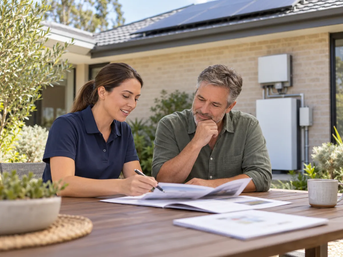 Solar adviser going through a written battery quote with a homeowner at an outdoor table