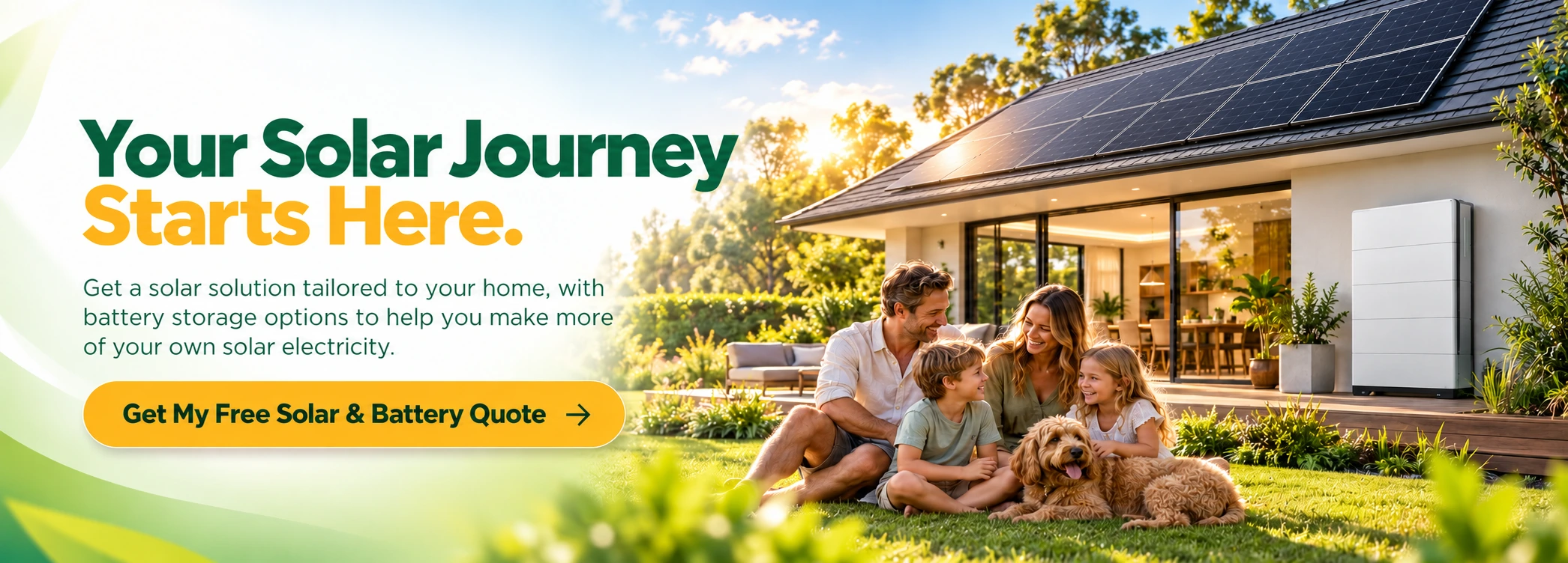 Home with rooftop solar panels and a home battery on the patio at sunset